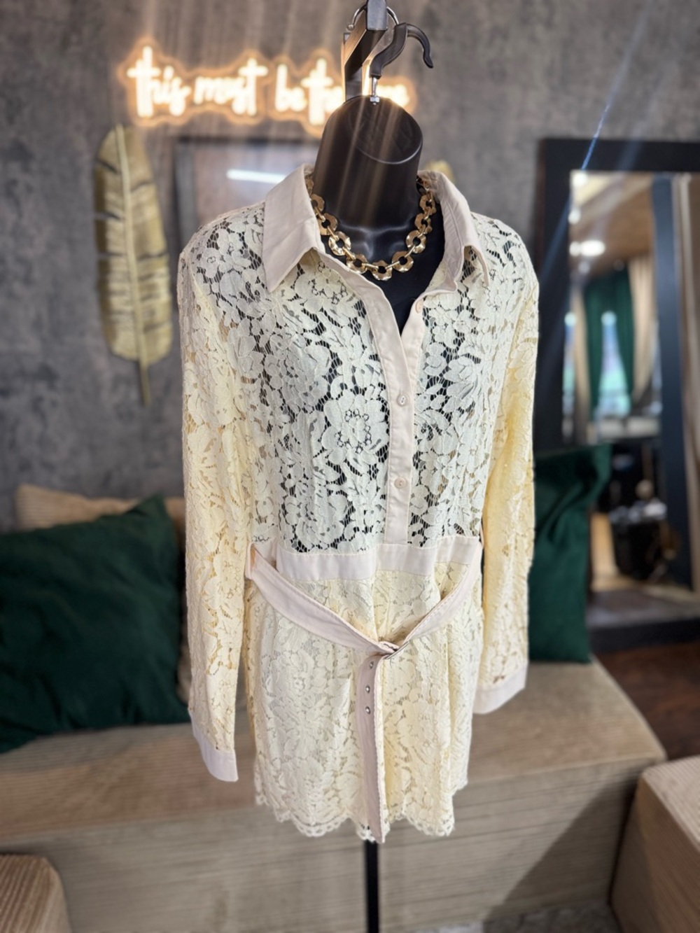 Fashion Nova Cream Lace Long-Sleeve Shirt Dress